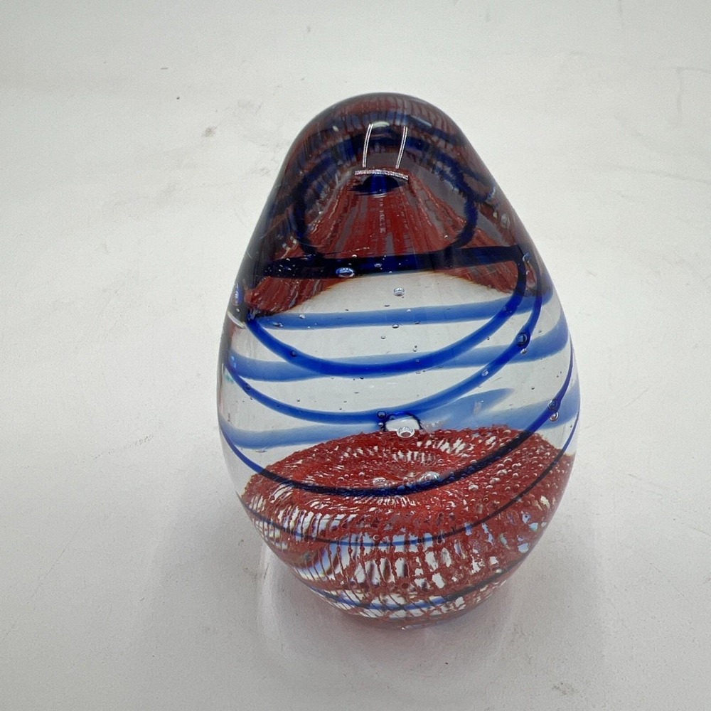 Vintage Egg-Shaped Art Glass Paperweight - Blue Swirl & Red Mesh Netting - Mint
